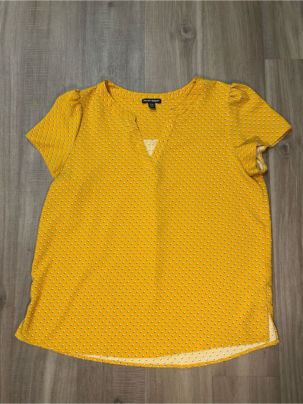 Hilary Radley Mustard Yellow Geo Dot Short Sleeve Blouse